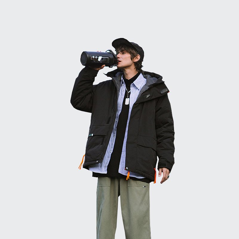 秋冬棉服加厚保暖基礎色多口袋寬松型連帽外套 - 男夾克/外套 - 其他材質 黑色