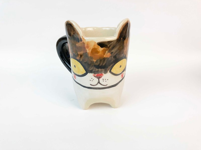 Nice Little Clay handmade ear cup big flower cat 0112-17 - Mugs - Pottery Multicolor