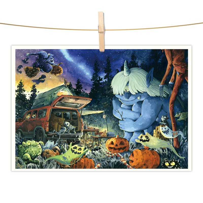 afu watercolor illustration postcard - trick or treat tonight - การ์ด/โปสการ์ด - กระดาษ 