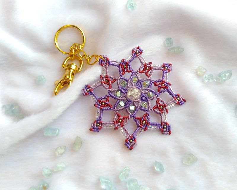 C008-Hand-woven beaded key ring hand-painted wind mandala purple wreath - Keychains - Nylon Purple