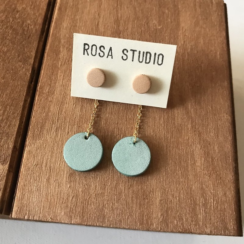 Leather earrings _ ear pin _ small round 4 works _ solid circle _ original skin with mint green - Earrings & Clip-ons - Genuine Leather Gray