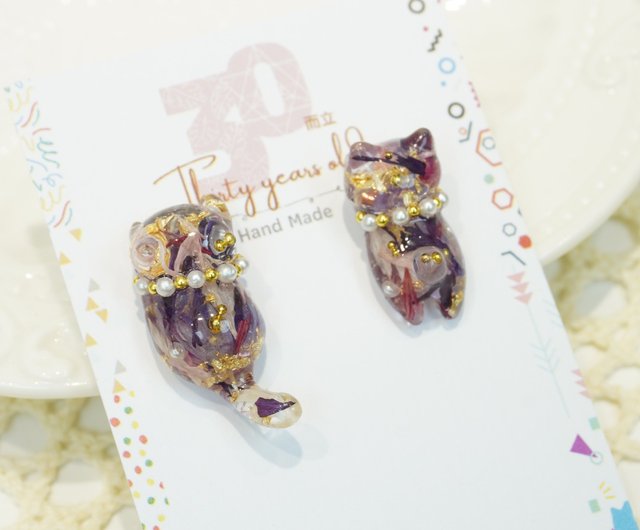 ドライフラワー猫ピアス - ショップ 30yrs Handmade ピアス