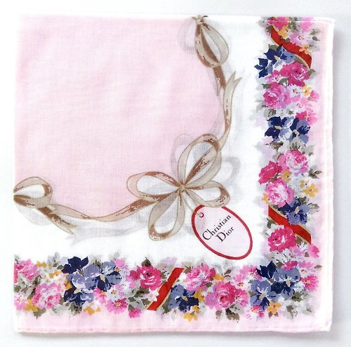 orangesodapanda Christian Dior Vintage Handkerchief Pocket Square Floral Ribbon 19 x 18.5 inches