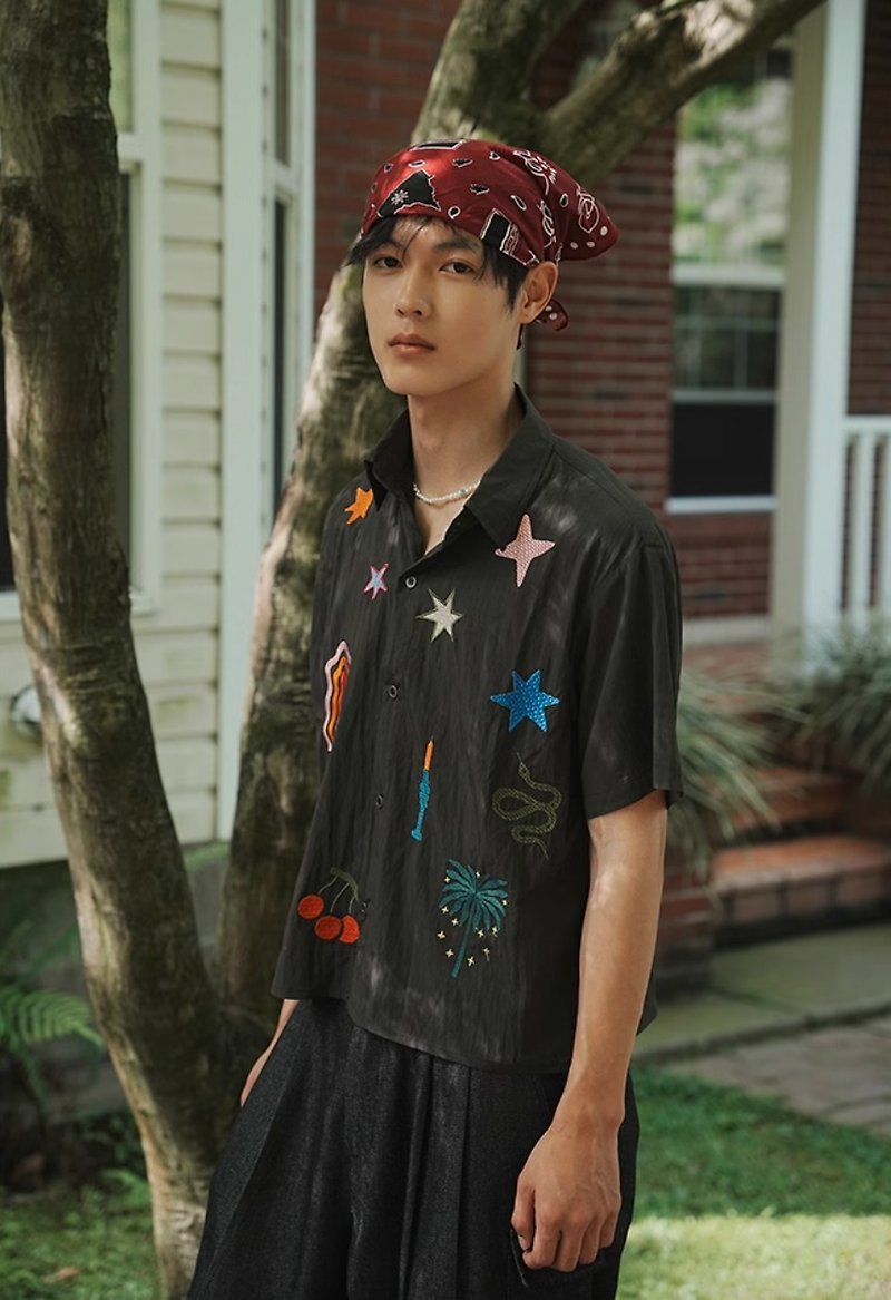 Japanese retro summer embroidery textured short-sleeved shirt - Men's Shirts - Other Materials Black