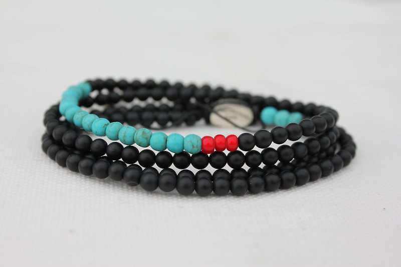C. Chun Handmade Design Jewelry 4-ring frosted black agate X turquoise bracelet - Bracelets - Gemstone Black