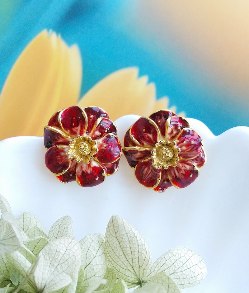 Vintage Jewelry 西洋古董飾品 紅琺瑯 花形 針式耳環 - 耳環/耳夾 - 其他金屬 透明