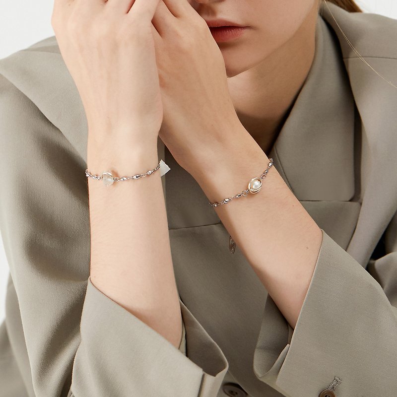 Aura 珍珠 / 雙尖白水晶 星光手鍊 - 手鍊/手環 - 不鏽鋼 