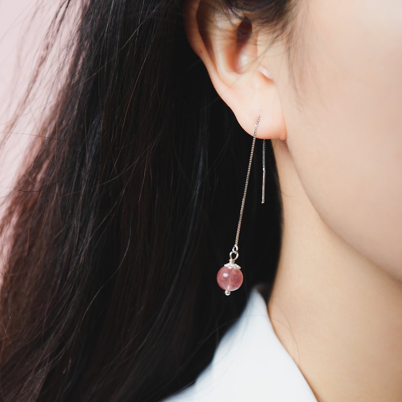 草莓晶 925純銀簡約耳環 | 天然水晶客製化禮物 | 可改耳夾 - 耳環/耳夾 - 水晶 粉紅色