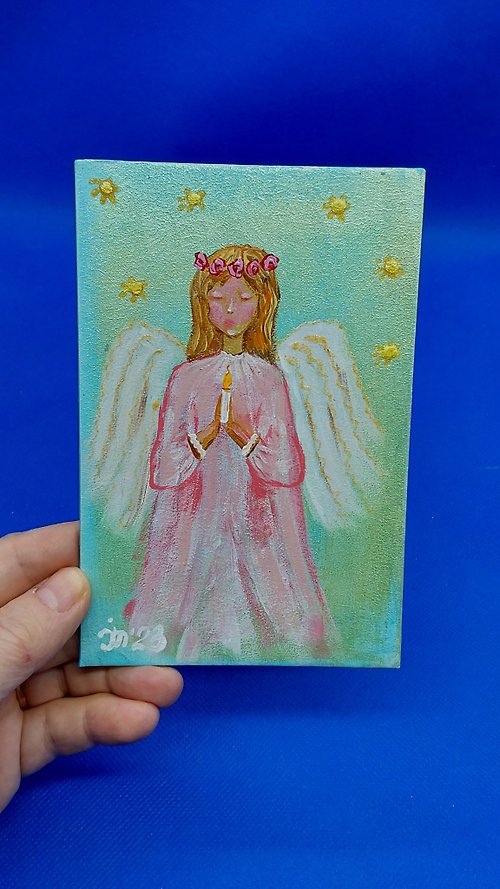 CosinessArt Girl angel 2, Guardian angel, Angel wings. Original acrylic painting. wall art