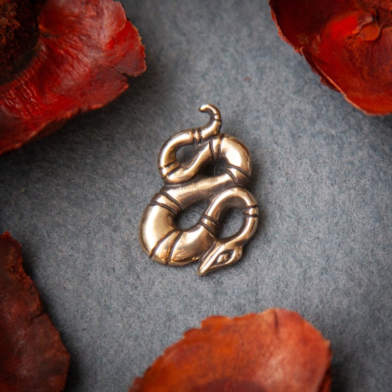 Snake pendant on leather cord. Handcrafted necklace. Serpent jewelry. - สร้อยคอ - โลหะ สีส้ม