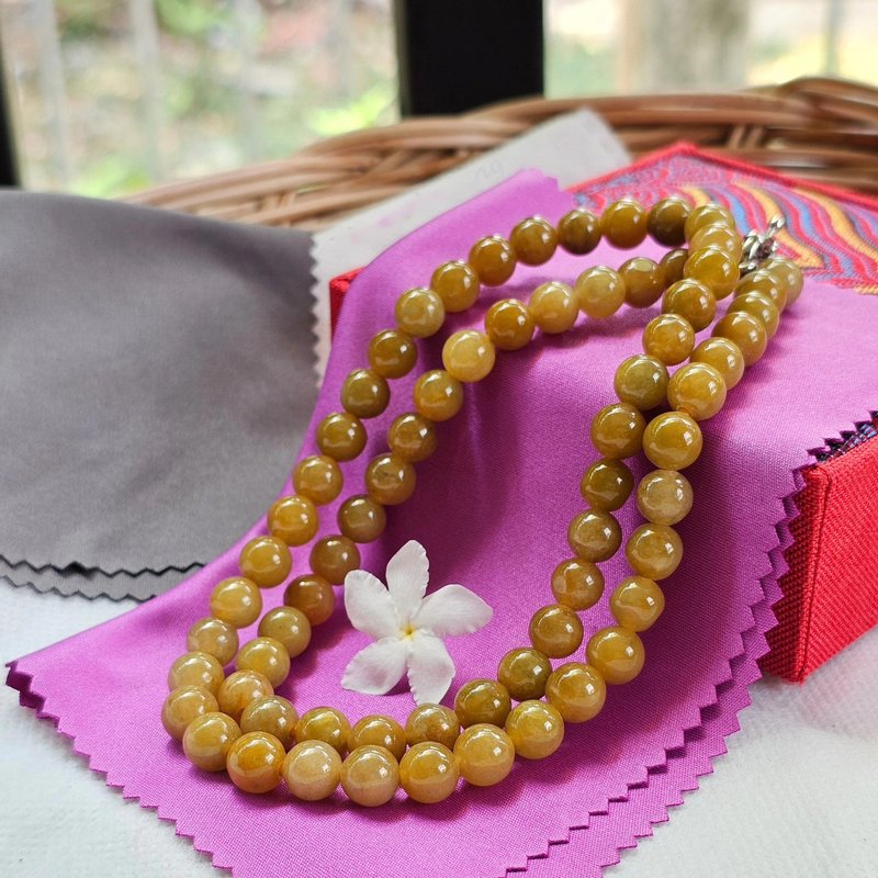Honey yellow Burmese jade necklace, Burmese jade beads (Honey Jade), round shape, translucent, 8 mm. - 項鍊 - 貴金屬 黃色