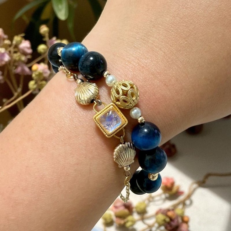 海願星語ブレスレット ブルータイガーアイ 海の守護 金運アップ 忘年会コーデ プレゼント交換 クリスマスプレゼント - ブレスレット - クリスタル ブルー