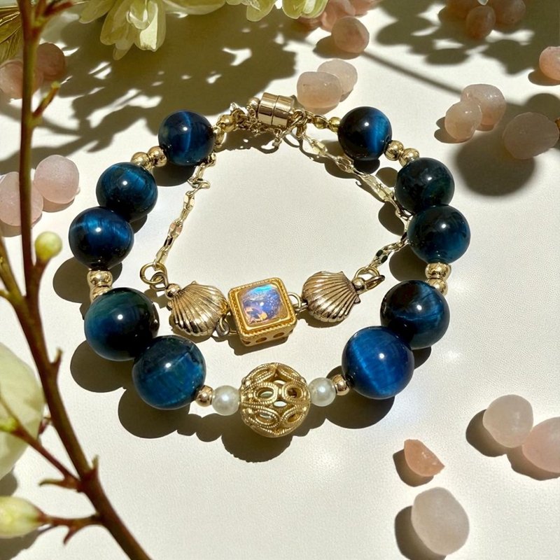 海願星語ブレスレット ブルータイガーアイ 海の守護 金運アップ 忘年会コーデ プレゼント交換 クリスマスプレゼント - ブレスレット - クリスタル ブルー