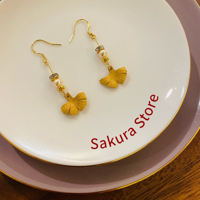 Leather Flower Earrings Ginkgo Leaf - Items for Display - Genuine Leather Yellow