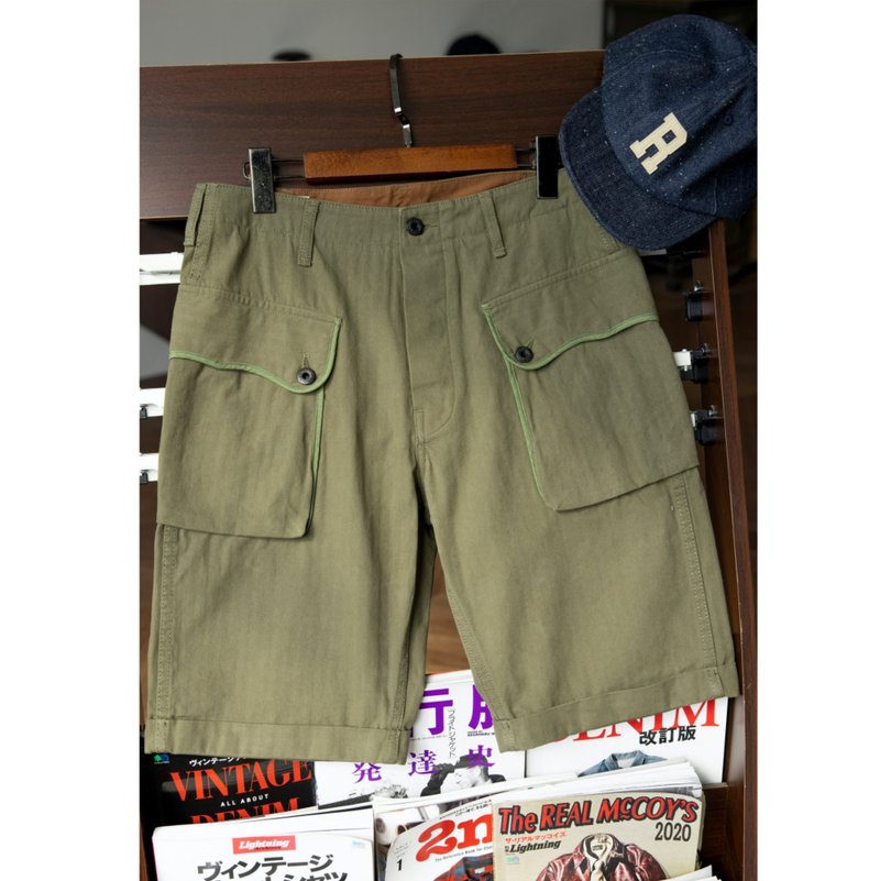 Workwear Shorts P44 HBT Fabric 7.5oz Army Green Shorts U.S. Military Issue - Men's Pants - Cotton & Hemp Green