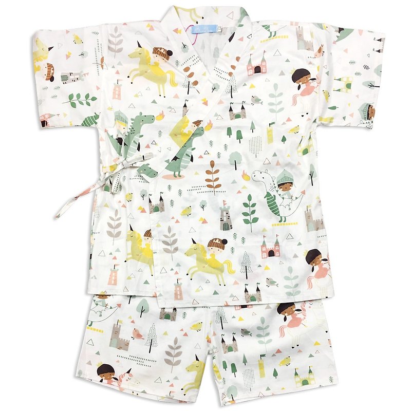 Children's Japanese Shinpei Yukata Homewear Set Castle Castle - Tops & T-Shirts - Cotton & Hemp White