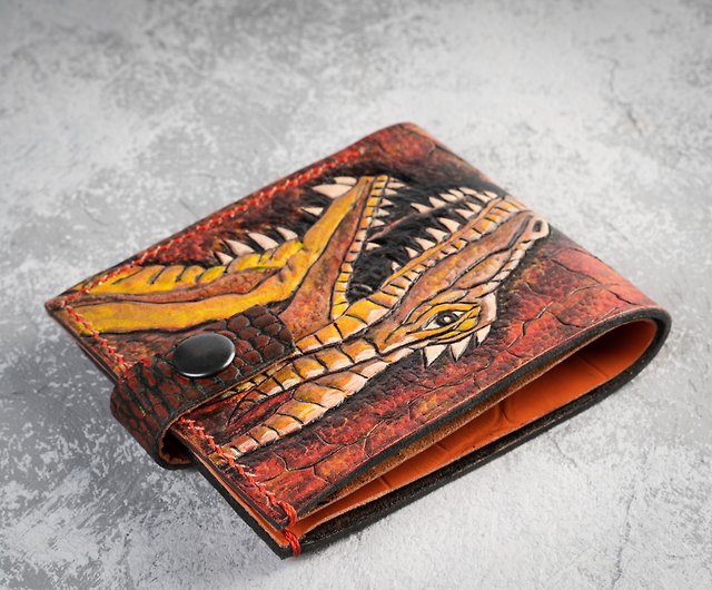  Men's 3D Genuine Leather Wallet, Hand-Carved, Hand-Painted,  Leather Carving, Custom wallet, Personalized wallet, Dragon wallet :  Handmade Products