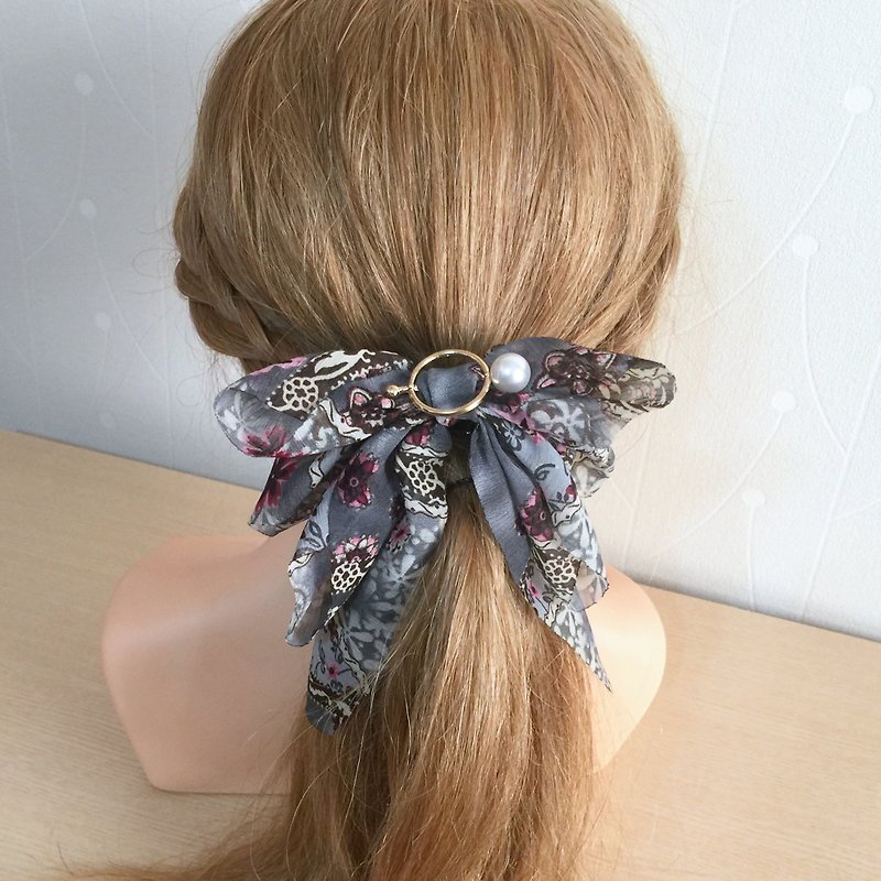 Classical Chiffon Bow Hairpin~Antique Banana Clip Spring Clip Automatic Hairpin Hair Bundle - Hair Accessories - Other Materials Gray
