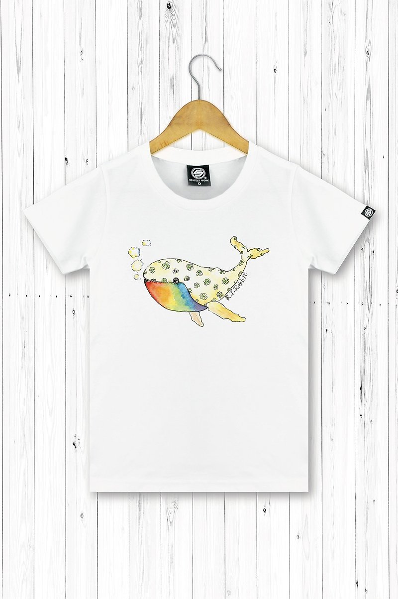 STATELYWORK Rainbow Whale Ladies Short T-shirt - เสื้อยืดผู้หญิง - ผ้าฝ้าย/ผ้าลินิน ขาว