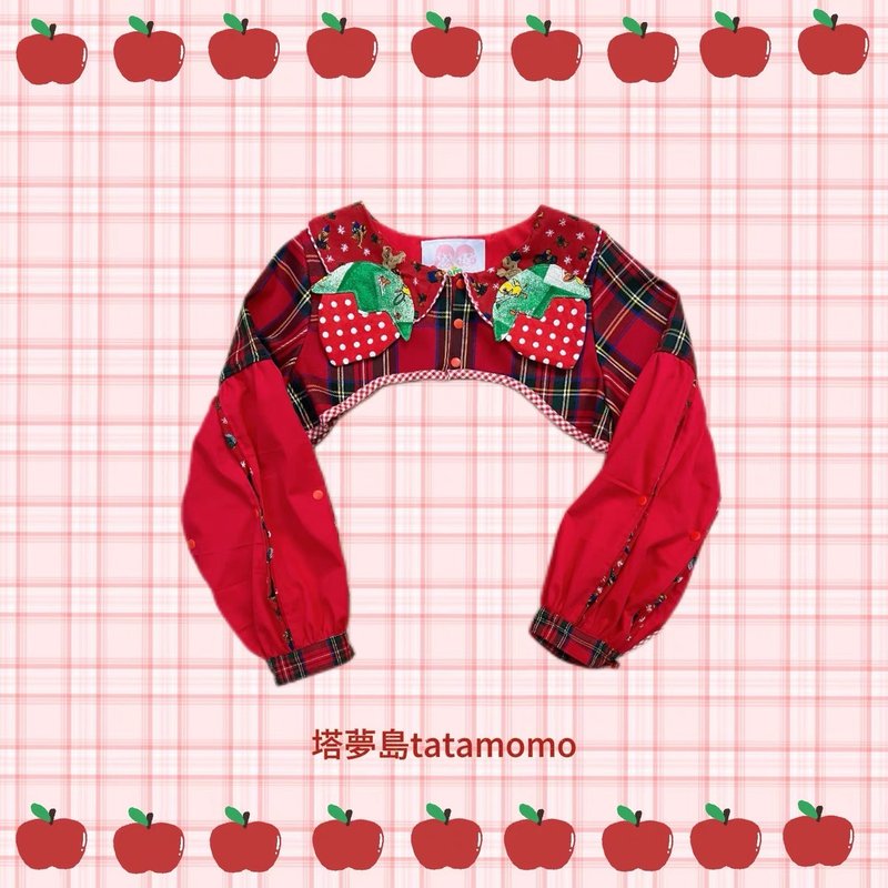 Fruit Collage Party Patchwork Strawberry Plaid Short Jacket New Year and Christmas - เสื้อแจ็คเก็ต - ผ้าฝ้าย/ผ้าลินิน สีแดง