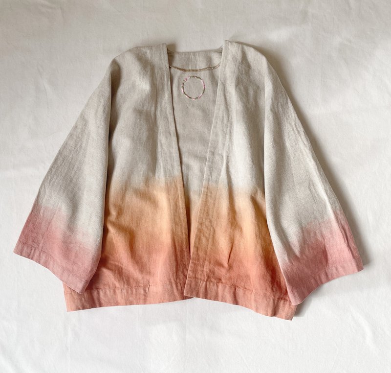 Made in Japan, Hand-Dyed Tropical Haori Cardigan with Japanese Pattern Embroidery, Mud-Dyed Cotton Linen, Earth Tones, Relaxed Fit - เสื้อผู้หญิง - ผ้าฝ้าย/ผ้าลินิน สีส้ม
