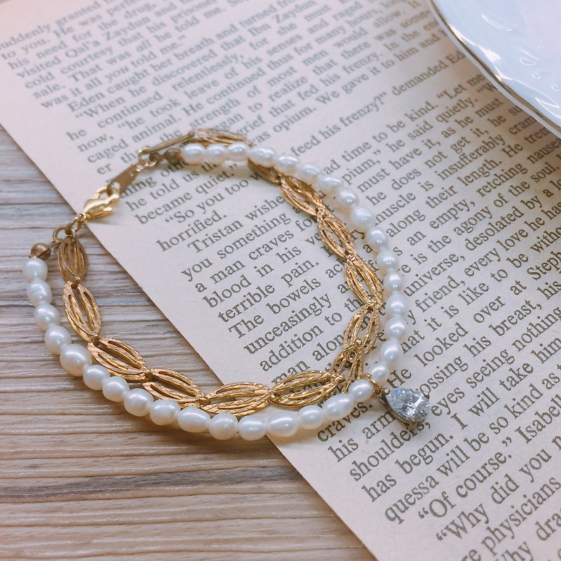 Elegant natural pearl zircon brass double chain bracelet - Bracelets - Gemstone White