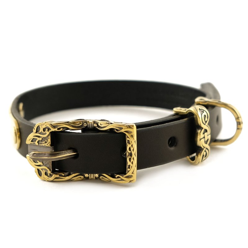 Personalized dog collar Odin wolves,Viking style black pet collar with nameplate - 項圈/牽繩 - 真皮 黑色