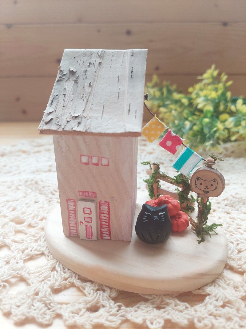 Little black cat's pink cabin/wooden house/cat - ของวางตกแต่ง - ไม้ หลากหลายสี