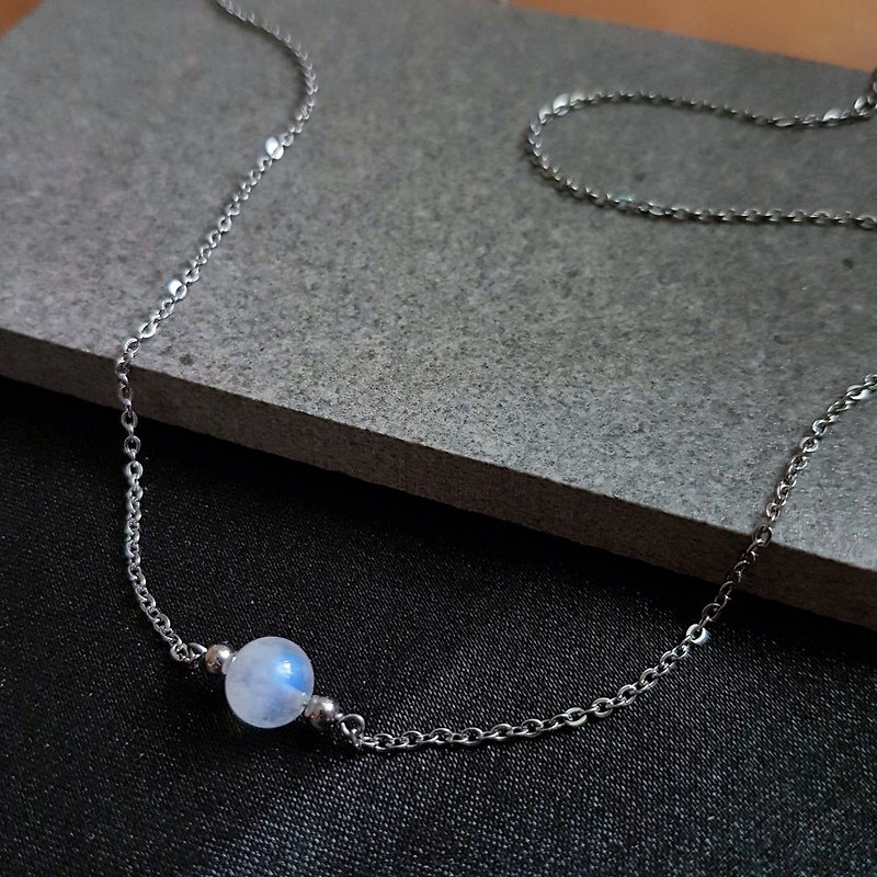 【hand made】steel chain with moonstone - Necklaces - Stainless Steel Blue