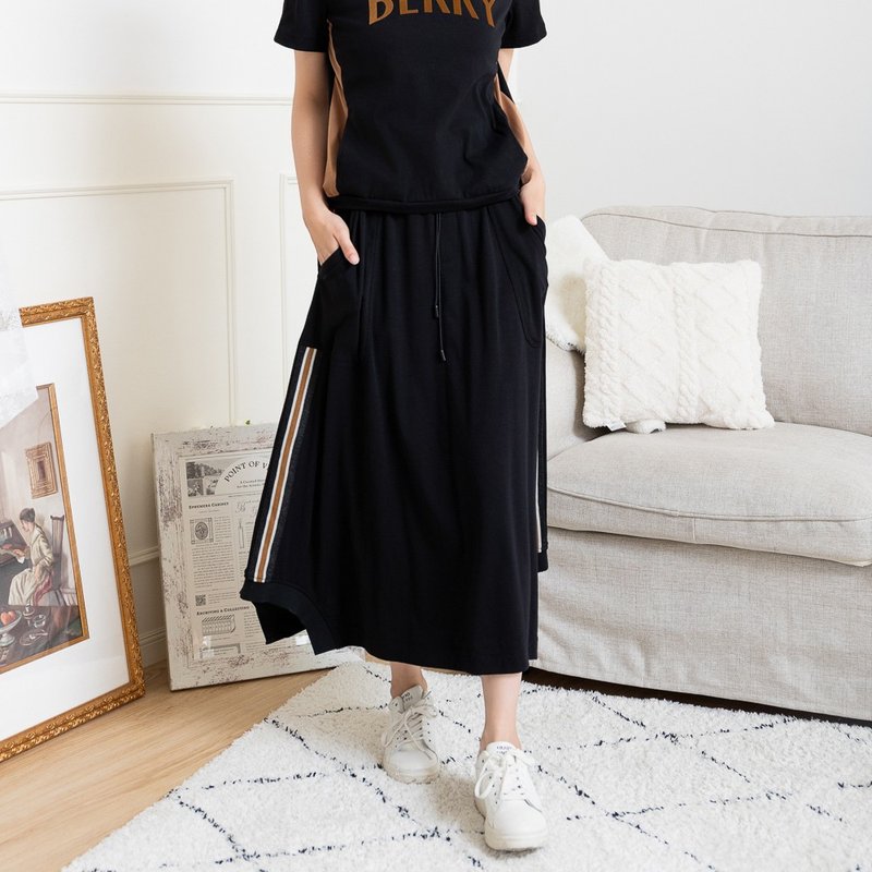 【MEDUSA】Berry 運動風黑色裙套裝寬裙(M-XL) | 休閒長裙 運動裙 - 裙子/長裙 - 棉．麻 黑色