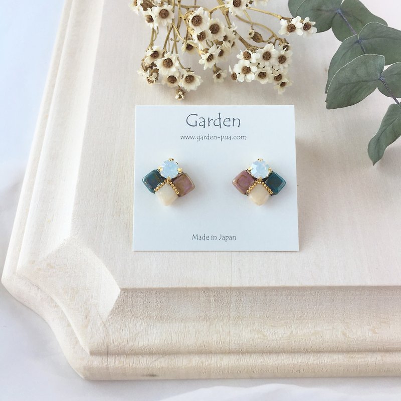 tile earrings pink dark blue - Earrings & Clip-ons - Glass Pink