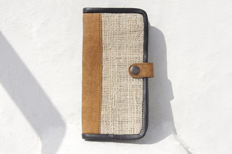 Christmas Gifts Christmas Market Tanabata gift limited handmade cotton linen wallet / knit stitching leather long clip / long wallet / purse / woven wallet - Plant natural color coffee skins wallet - Wallets - Cotton & Hemp Multicolor
