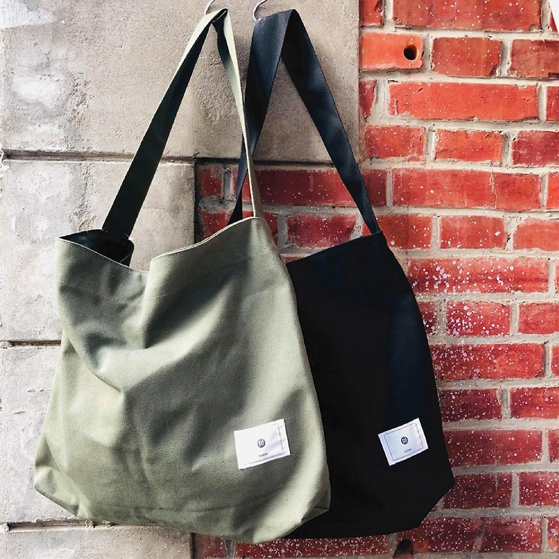 [MINI LIFE] Thick canvas shoulder bag/side backpack/trapezoid tote bag (black, army green) - กระเป๋าแมสเซนเจอร์ - ผ้าฝ้าย/ผ้าลินิน สีเขียว