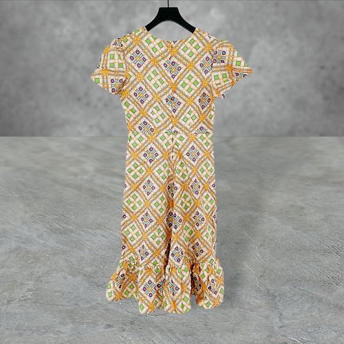 蘿綺莉蕾芭索 二手 橘彩色 略亮面 輕薄拼接 荷葉 小傘裙 古董 短袖 洋裝 PF511
