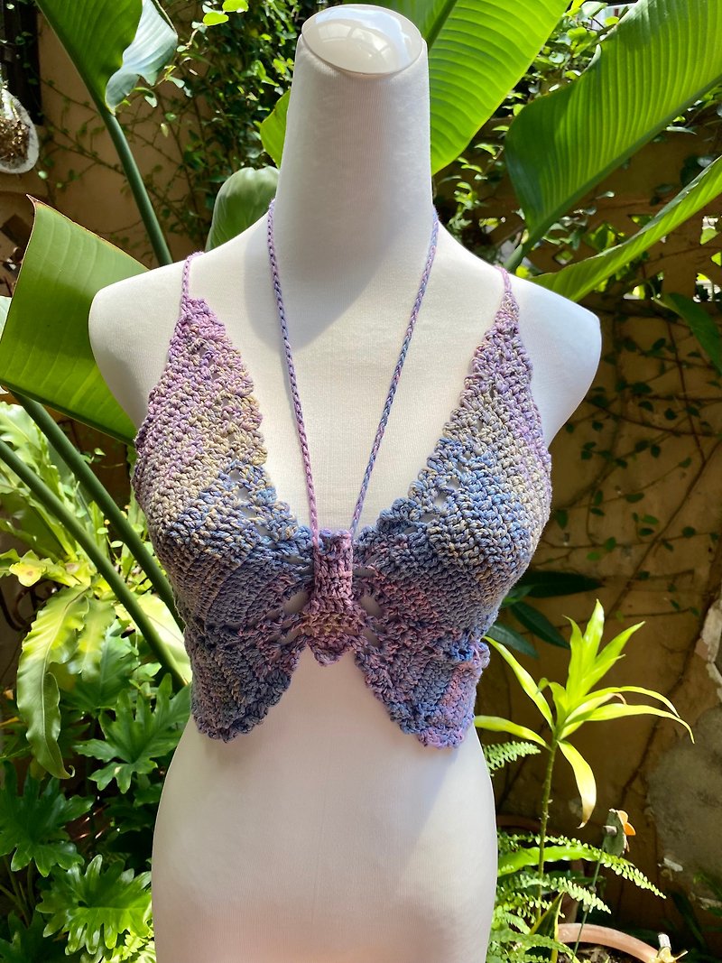 Butterfly dancing organic cotton butterfly halter top handmade crochet bellyband - Women's Vests - Cotton & Hemp 