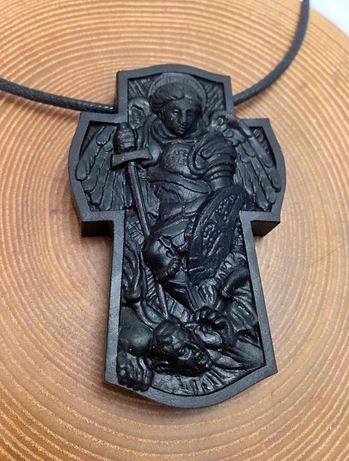 Amberwood39 Ebony Christian cross with Archangel Michael, ebony cross, crufix