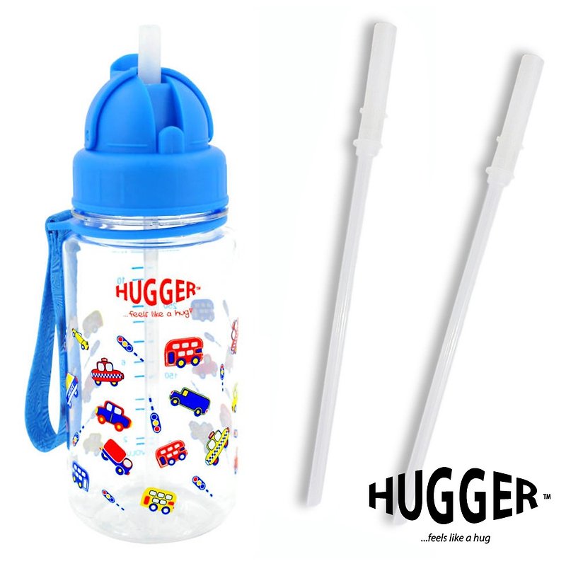 HUGGER Children's Straw Water Bottle Toy Car 350ml Tritan Non-toxic Material with Replacement Straw - จานเด็ก - วัสดุอีโค สีน้ำเงิน