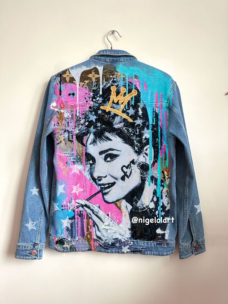 Breakfast at Tiffany's Painted denim jacket Custom gifts Jean jacket blue denim - 女大衣/外套 - 棉．麻 多色