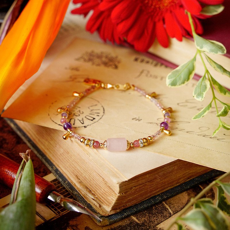 Love x Rose Quartz Strawberry Quartz Amethyst Tourmaline Bronze K Gold [Autumn Afterglow] Bracelet - Bracelets - Gemstone 