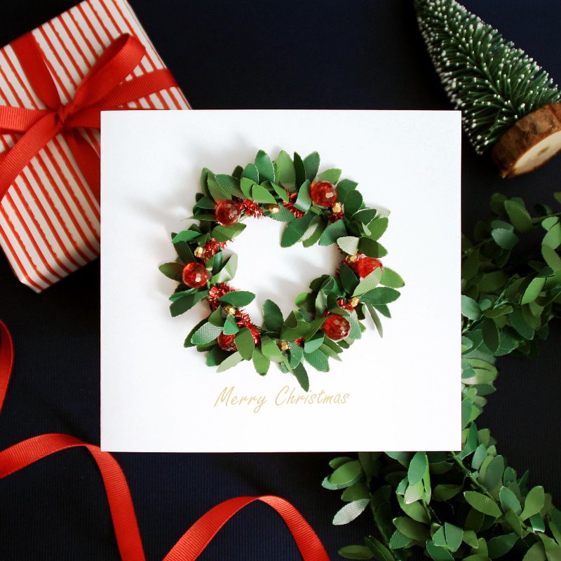 Merry Christmas寶石聖誕花圈卡片 聖誕卡片 - 卡片/明信片 - 其他材質 紅色