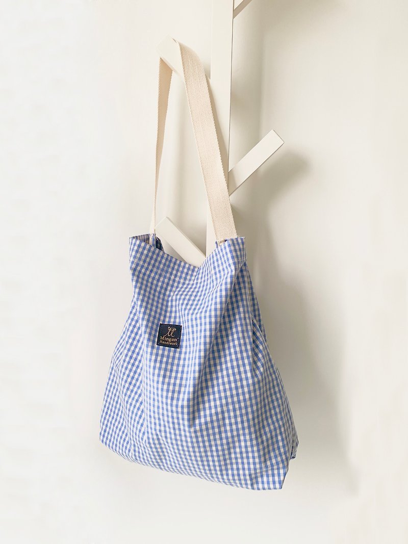 Mingen Handiwork summer Japanese style small fresh light color blue checkered bag BB19001 - Messenger Bags & Sling Bags - Cotton & Hemp Blue