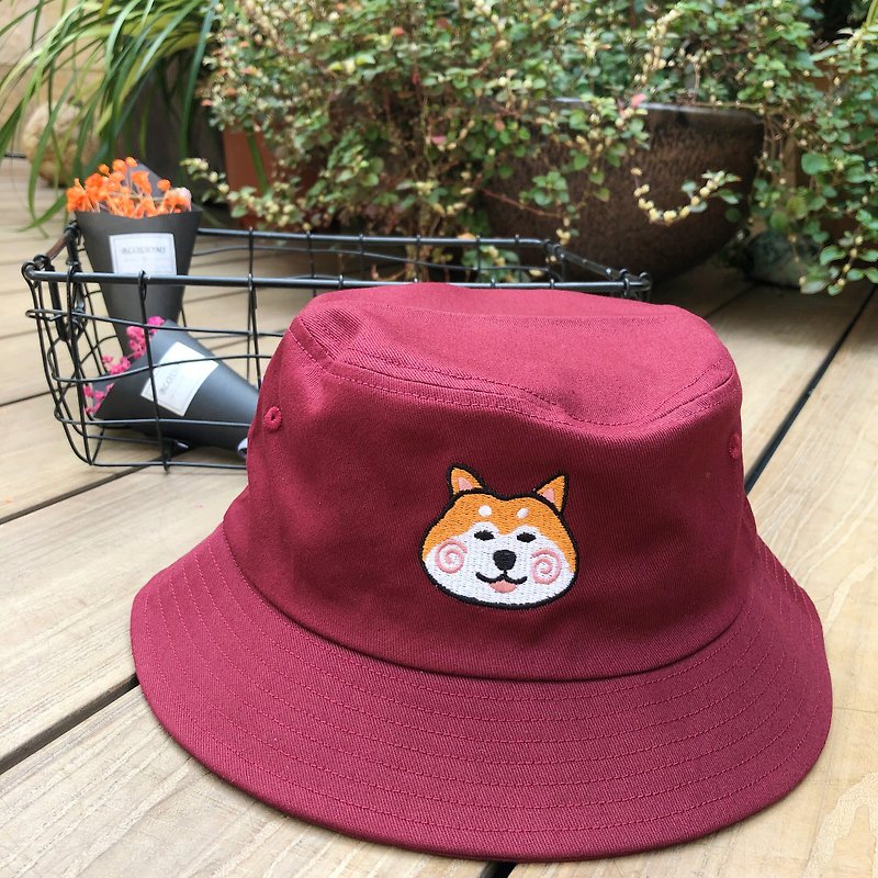 柴犬刺繡 漁夫帽 酒紅色 - 帽子 - 棉．麻 紅色