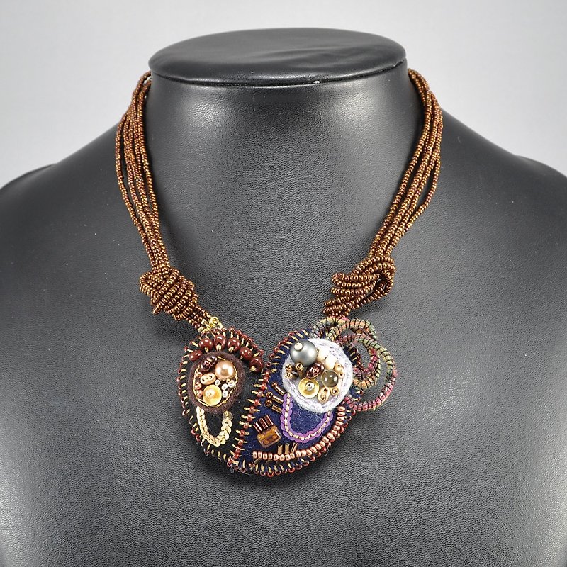 Black heart necklace,statement necklace, felt necklace,embroidered necklace - Necklaces - Wool Black