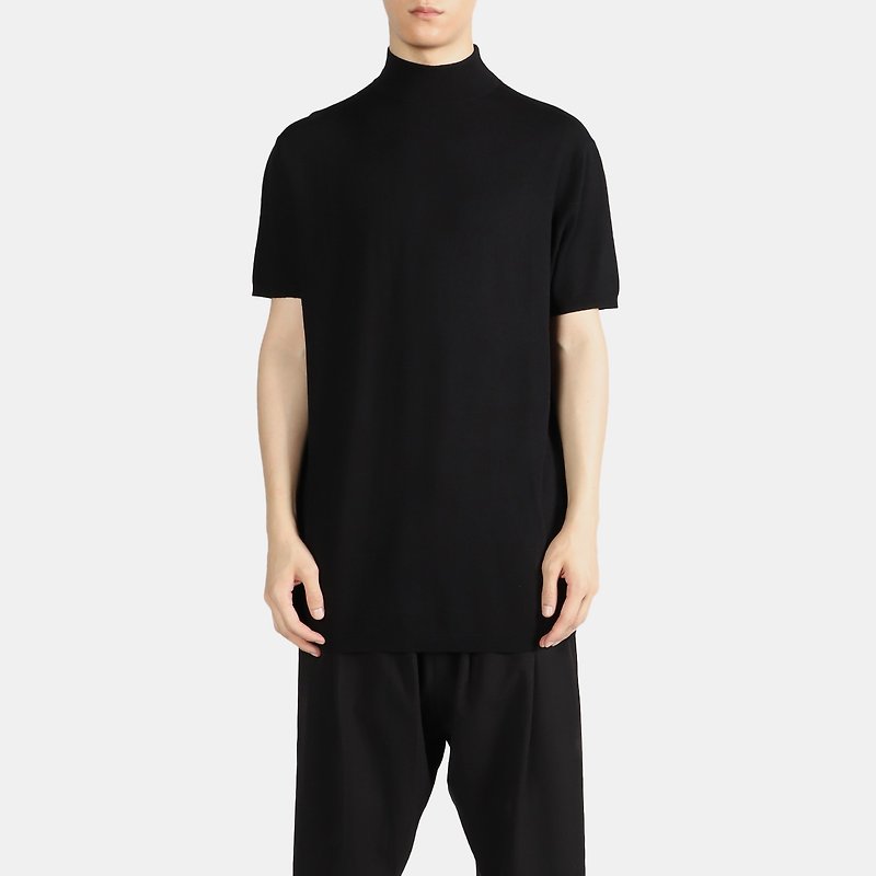 Knit high neck short sleeve long sweater - สเวตเตอร์ผู้ชาย - ขนแกะ สีดำ