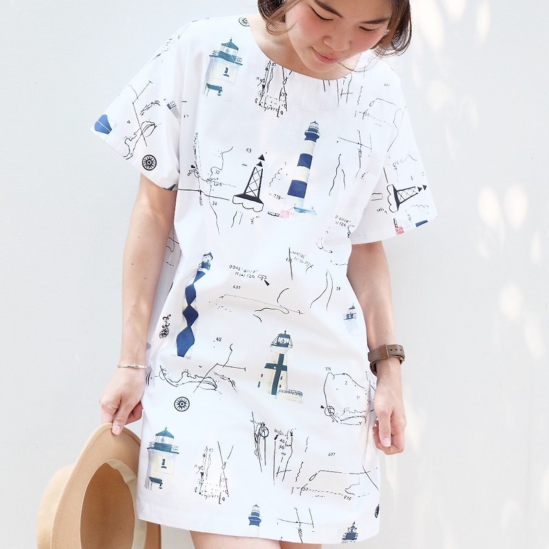 Lighthouse Printed Dress - 連身裙 - 其他材質 白色