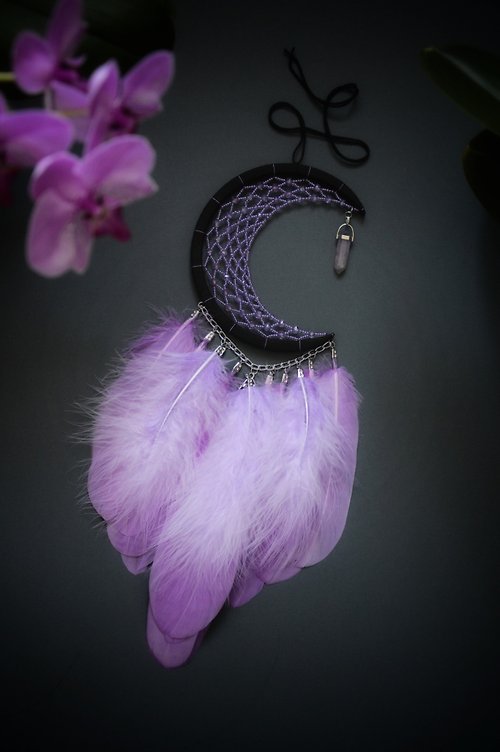 VIDADREAMS Purple Lilac Crescent moon Dreamcatcher with Amethyst Crystal | พระจันทร์สามดวง