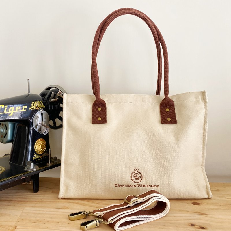 Large capacity/ shoulder carry/ canvas tote bag- white canvas - กระเป๋าถือ - ผ้าฝ้าย/ผ้าลินิน ขาว