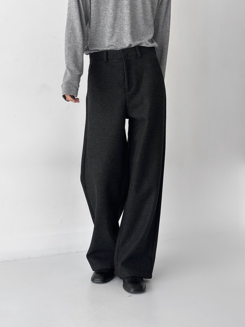 French minimalist lazy wool straight suit pants - กางเกงขายาว - วัสดุอื่นๆ สีดำ