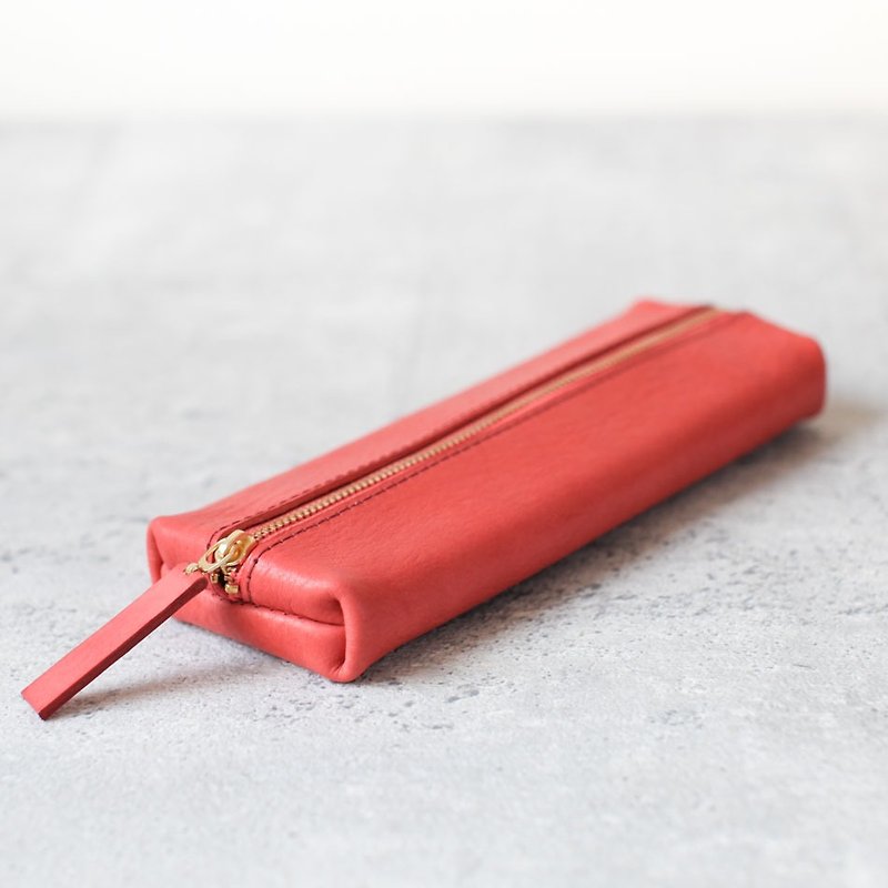 Vegetable Tanned Cowhide Coral Red Flat Rectangular Leather Pencil Case-Limited Color - กล่องดินสอ/ถุงดินสอ - หนังแท้ สีแดง