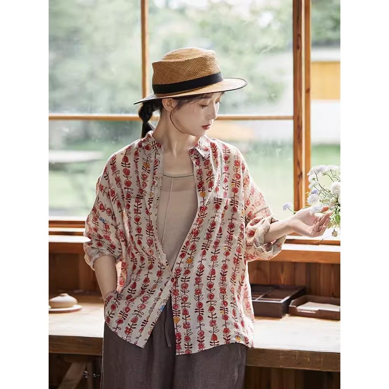 Raindrops and Poppy Print Lapel Oversized Shirt - Women's Shirts - Cotton & Hemp 